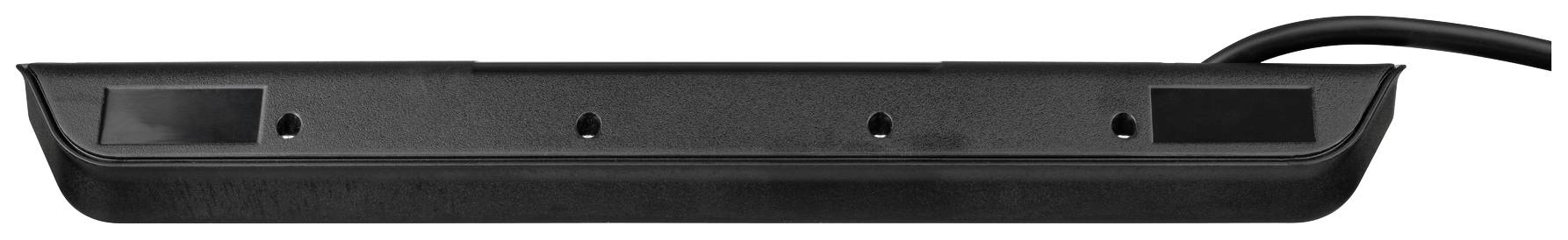 Černá prodlužovací zásuvková lišta se třemi místy pro zásuvky a připojeným kabelem, určená pro horizontální umístění.