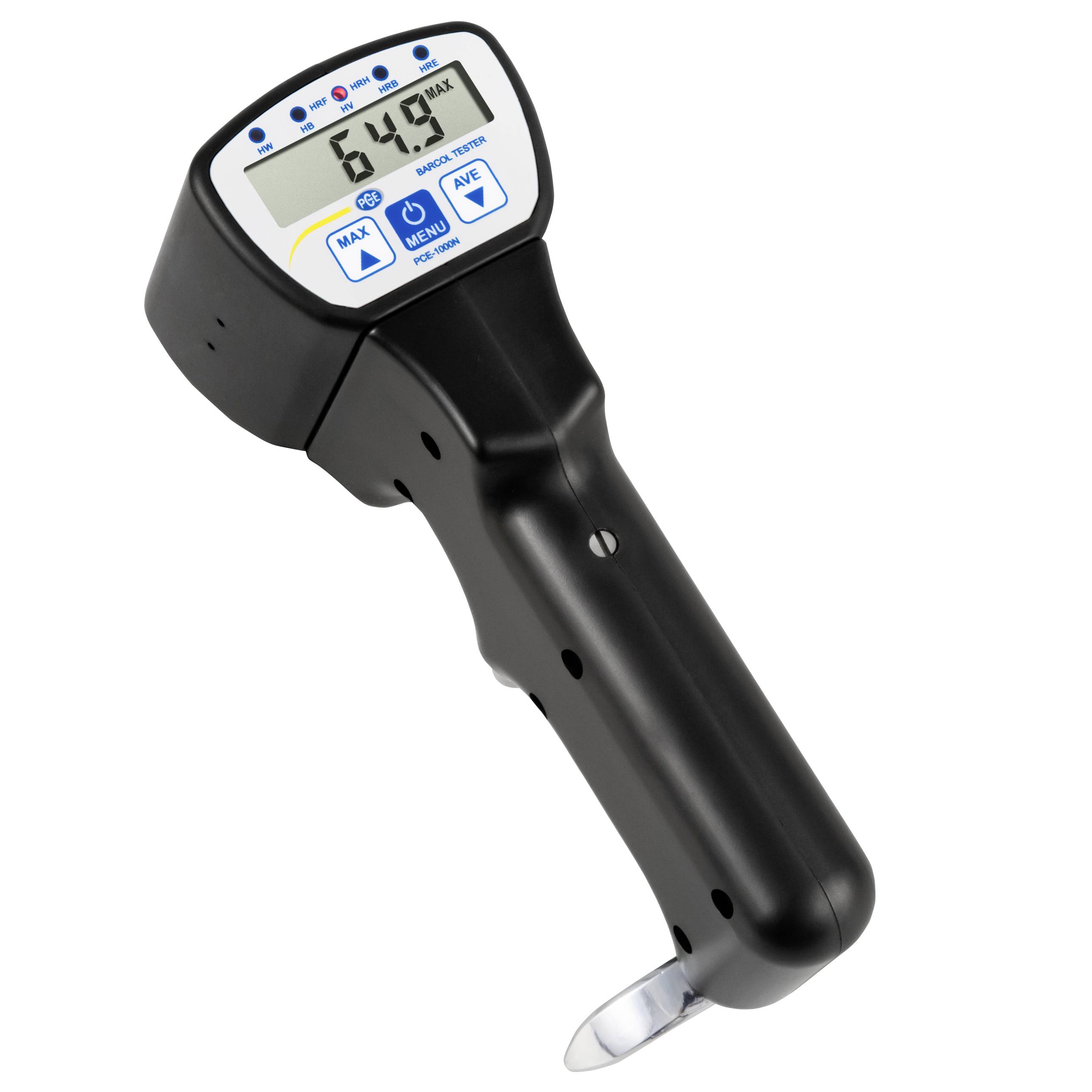 Ruční digitální měřicí přístroj se LCD displejem zobrazujícím 6.49 a MAX, zobrazen na bílém pozadí.