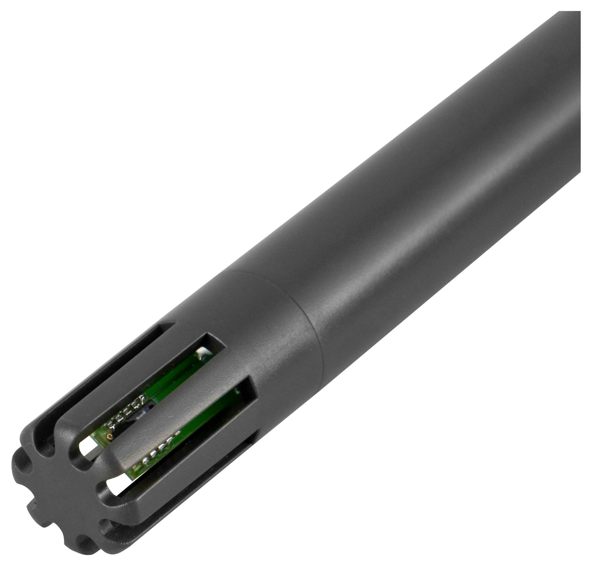 Černá válcová senzorová sonda se štěrbinou na konci odhalující vnitřní elektroniku a větrací otvory.
