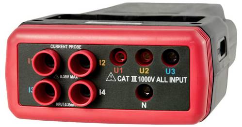 Přední panel elektrického testovacího zařízení CAT III 1000V s označenými vstupními porty pro proudovou sondu, I1, I2, I4, U1, U2, U3 a N.