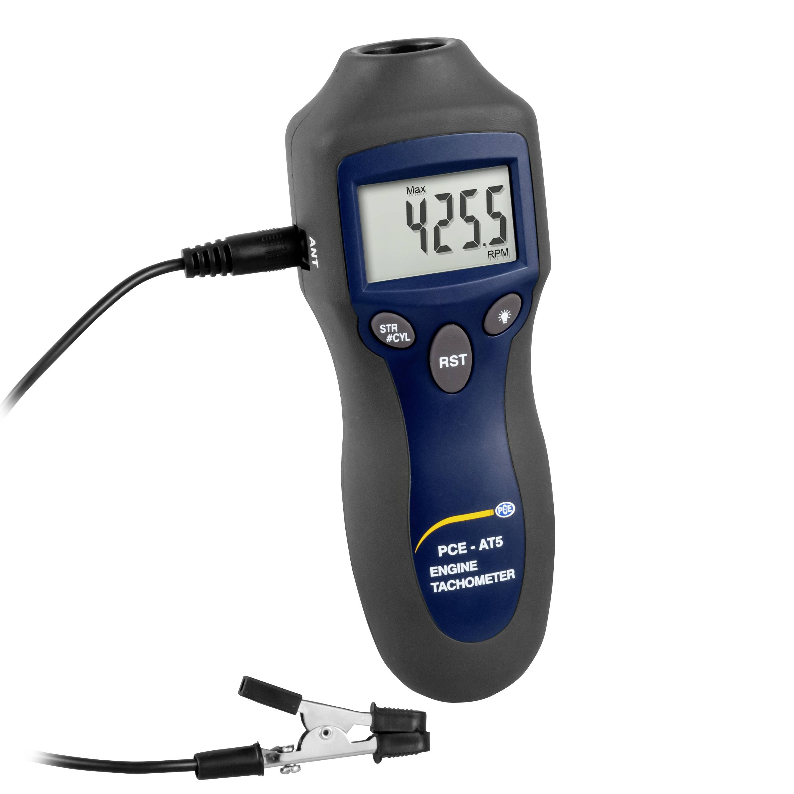 Ruční digitální otáčkoměr motoru s kabelem a klipovým čidlem, zobrazující maximální odečet 425,5 RPM na displeji.