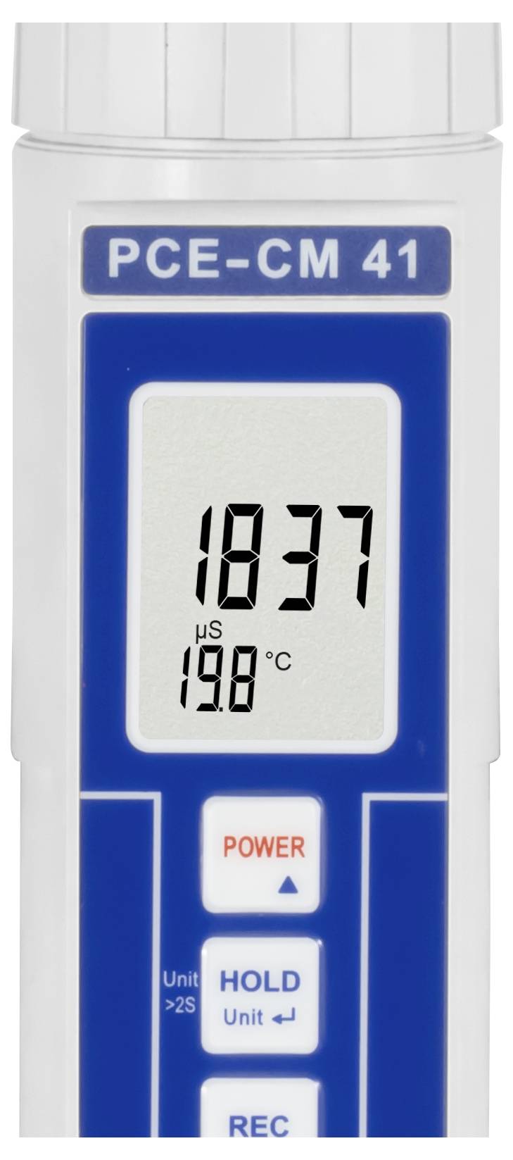 Ruční digitální měřič zobrazující 1837 µS a 19,8 °C s viditelnými tlačítky "POWER", "HOLD" a "REC".