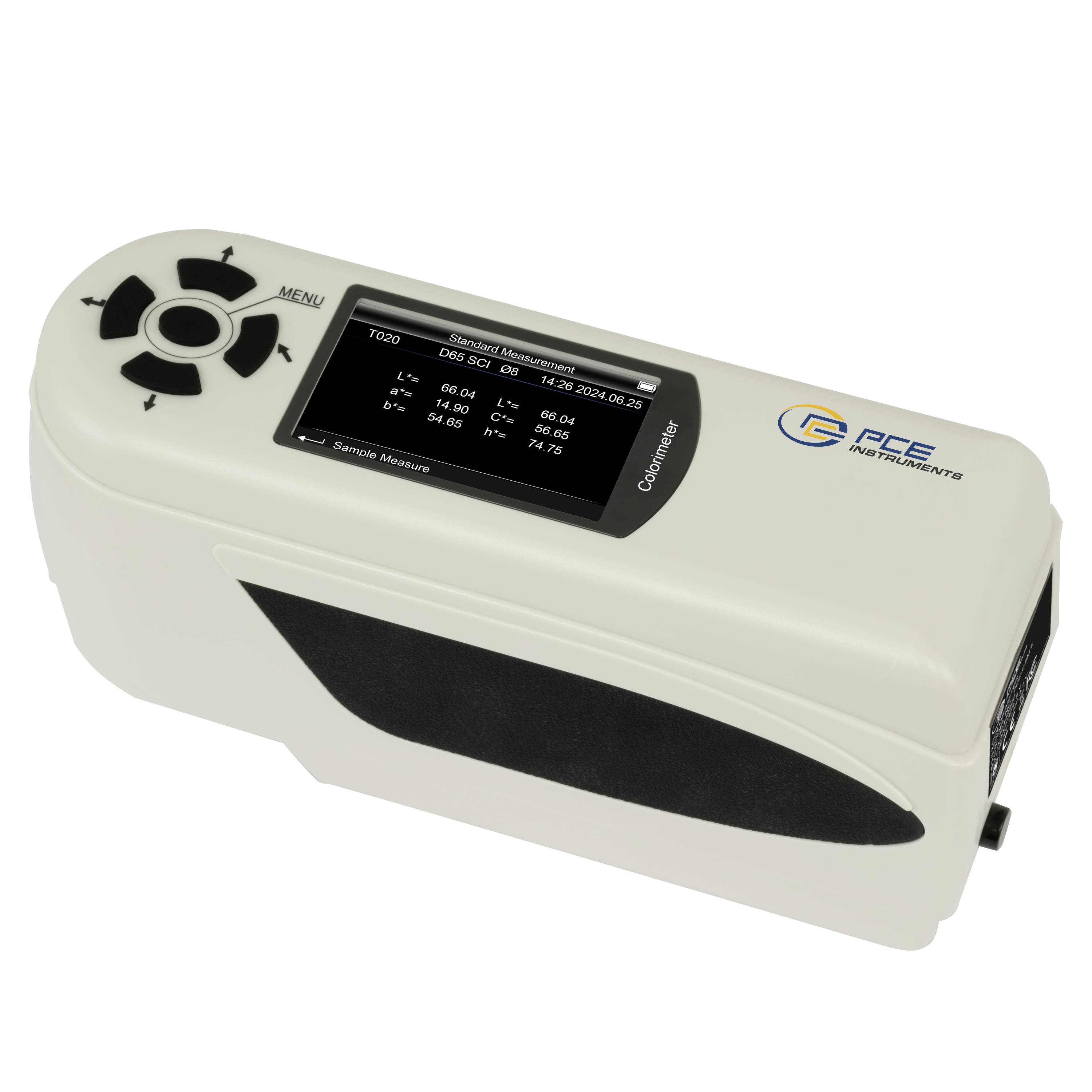 PCE Instruments přenosný přístroj pro měření barev s LCD displejem a ovládacími tlačítky, určený k měření a porovnávání barevných hodnot.