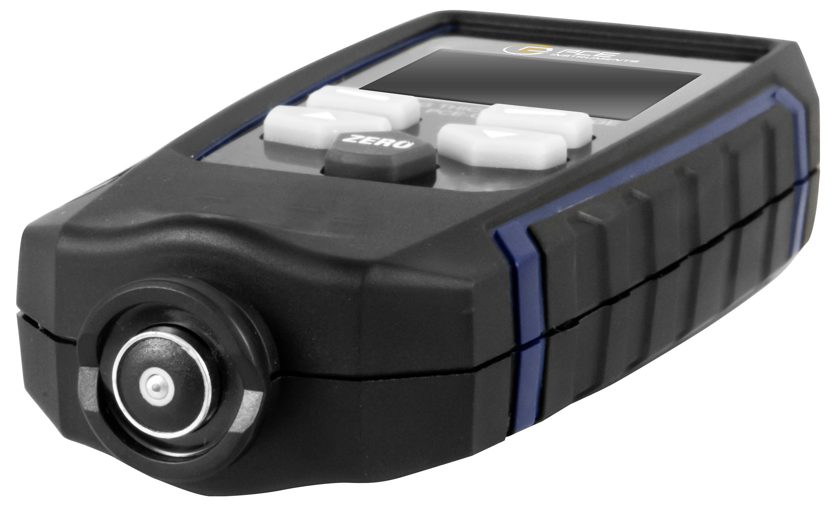 Přenosný elektronický měřák s předním čidlem, displejem a tlačítky, zobrazený na bílém pozadí.