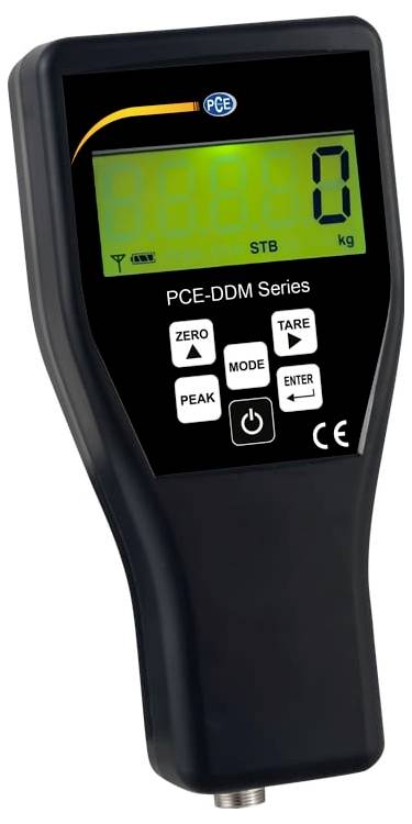 Ruční digitální siloměr řady „PCE-DDM" s LCD displejem a tlačítky pro nulu, tárování, špičku, režim, potvrzení a vypnutí.