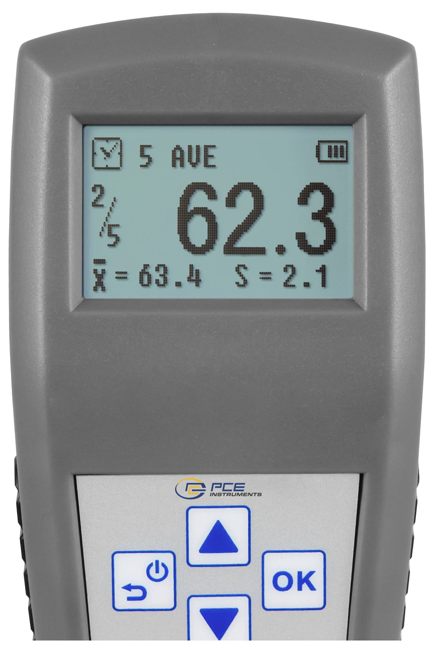 Digitální displej přístroje zobrazující „5 AVE" a velký údaj 62,3, s menšími statistikami 63,4 a S=2,1 na obrazovce.
