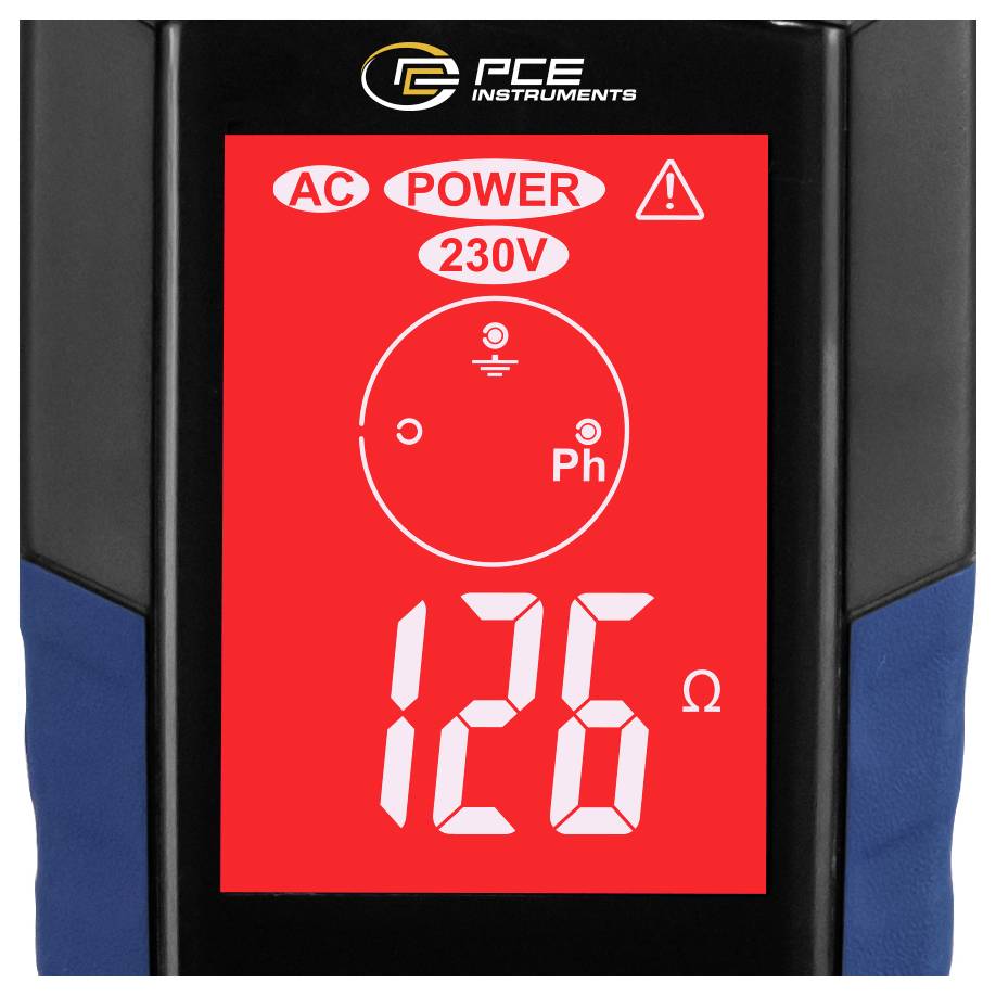 Měřicí přístroj AC napětí PCE zobrazující 230V a odečet 126 ohmů na červené obrazovce s ikonou upozornění.