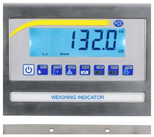 Displej digitálního indikátoru vážení s odečtem 132,0 kg brutto, ovládací tlačítka pro Hold, Celkem, Počet, Brutto, Tára, Nula a Tisk.
