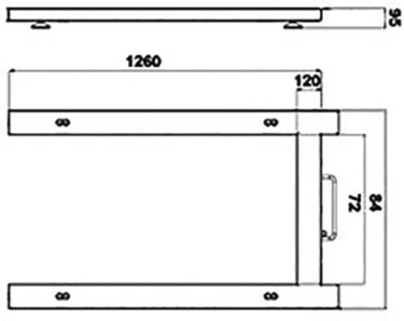 Technický výkres obdélníkového objektu o rozměrech 1260 x 95 mm. Boční pohled zobrazuje rukověť; pohled shora ukazuje další detaily.