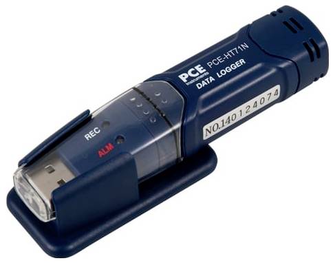 Modrý ruční záznamník dat na dokovací základně, označený 'PCE-HT71N DATA LOGGER' s indikátory 'REC' a 'ALM'.