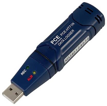 Modrý USB teploměrný dataloger značený „PCE-HT71N" s indikačními světly REC a ALM.