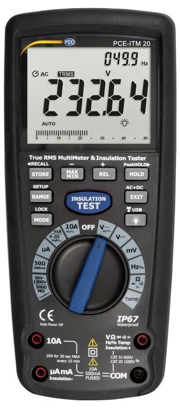 Ruční digitální multimetr a tester izolace ukazující 232,64 V AC a 49,9 Hz s centrálním otočným selektorem a tlačítky pro testování.