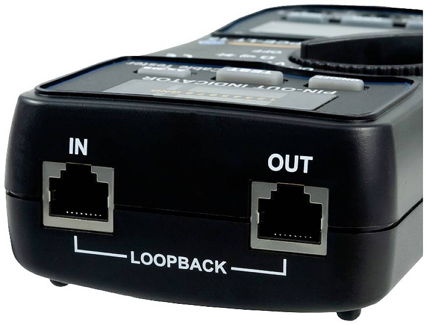 Síťový tester se dvěma ethernetovými porty, označenými 'IN' a 'OUT', a nápisem 'LOOPBACK' pod nimi.