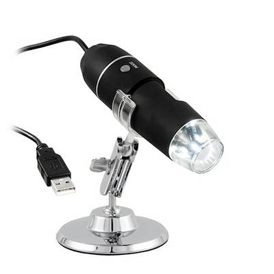 USB poháněný digitální mikroskop na stojanu, zobrazující osvětlenou objektivu a USB kabel se konektorem.