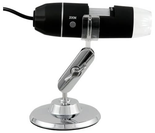 Černobílá USB webkamera s tlačítkem "ZOOM", připevněná na stříbrném nastavitelném stojanu na bílém pozadí.