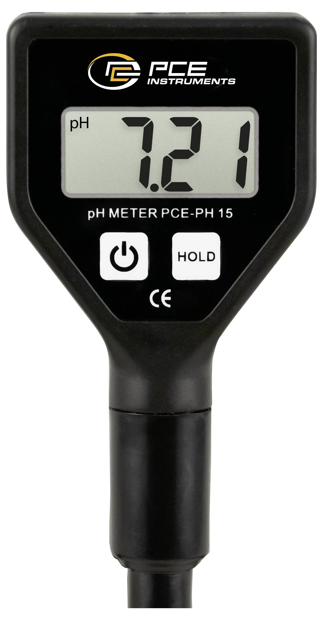 Ruční přístroj PCE pH metr s displejem ukazujícím pH 7,21 a tlačítky napájení a Hold.