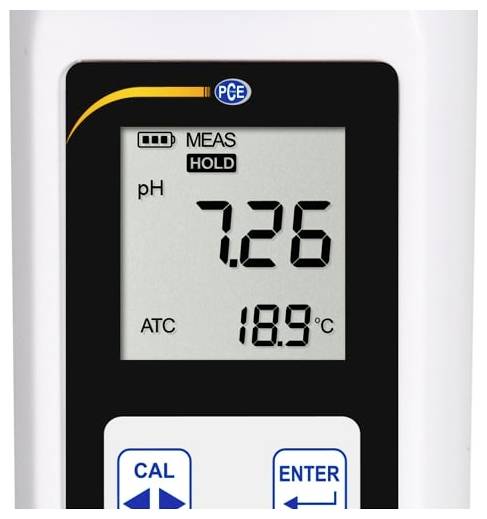 Digitální display pH metrů zobrazující pH 7,26 a teplotu 18,9 °C se stavovými indikátory „MEAS" a „HOLD".
