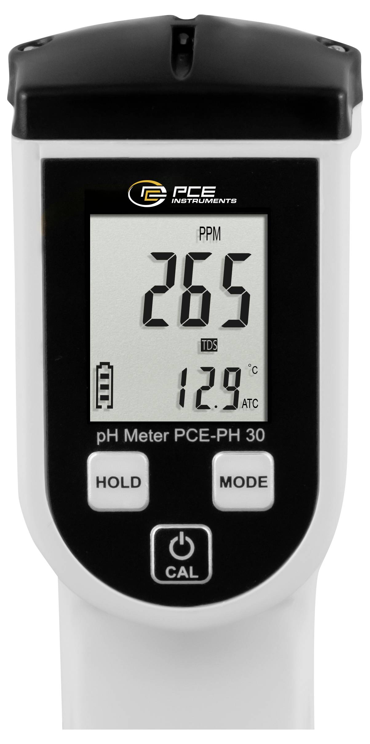 Digitální pH metr displeje zobrazující PPM 265, TDS 12,9 a ATC na zařízení PCE Instruments PCE-PH 30 s tlačítky Hold, Mode a Cal.