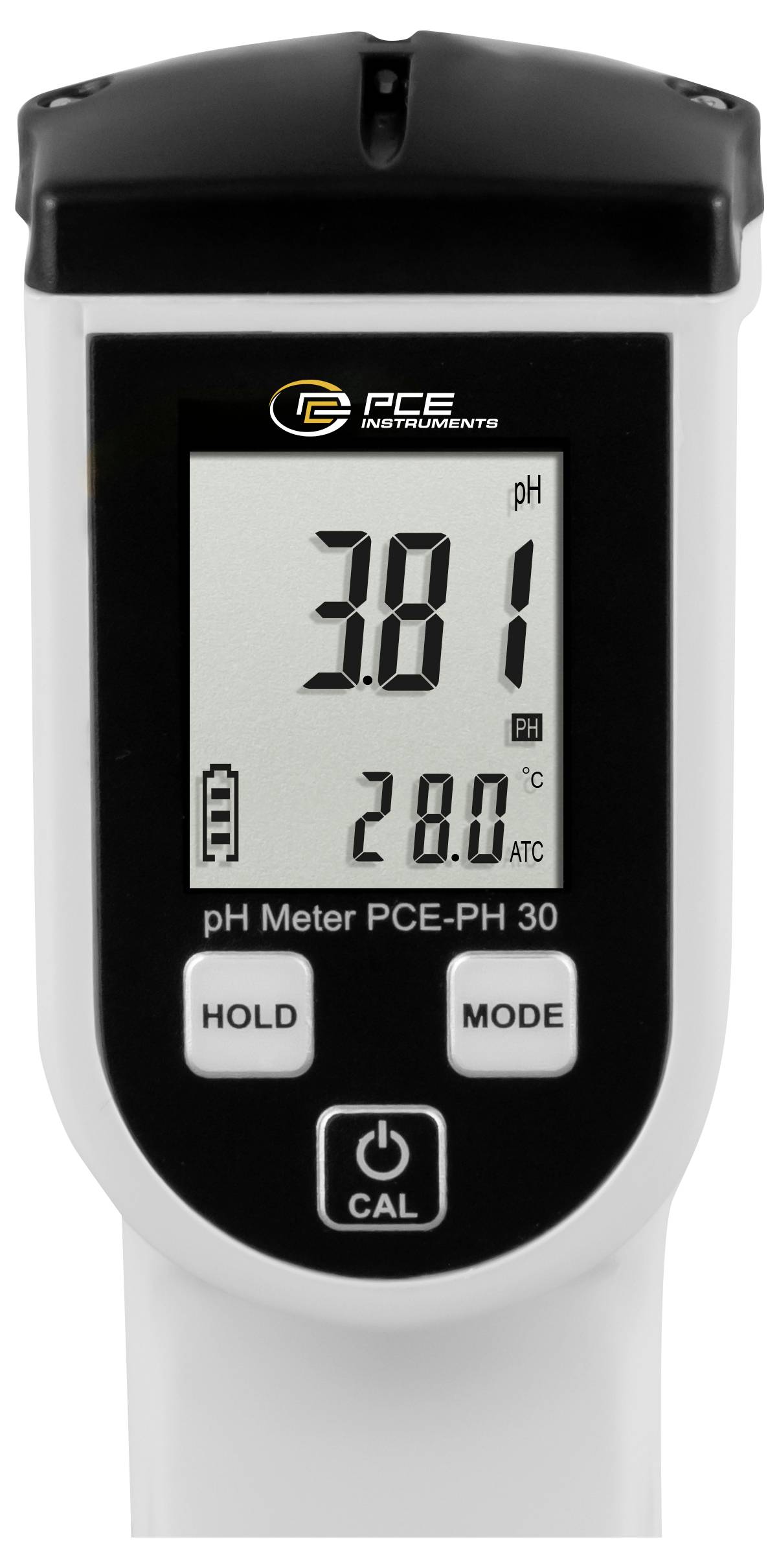 Přenosný pH metr PCE s displejem zobrazujícím pH 3,81 a teplotu 28,0 °C, s tlačítky HOLD, MODE a CAL.