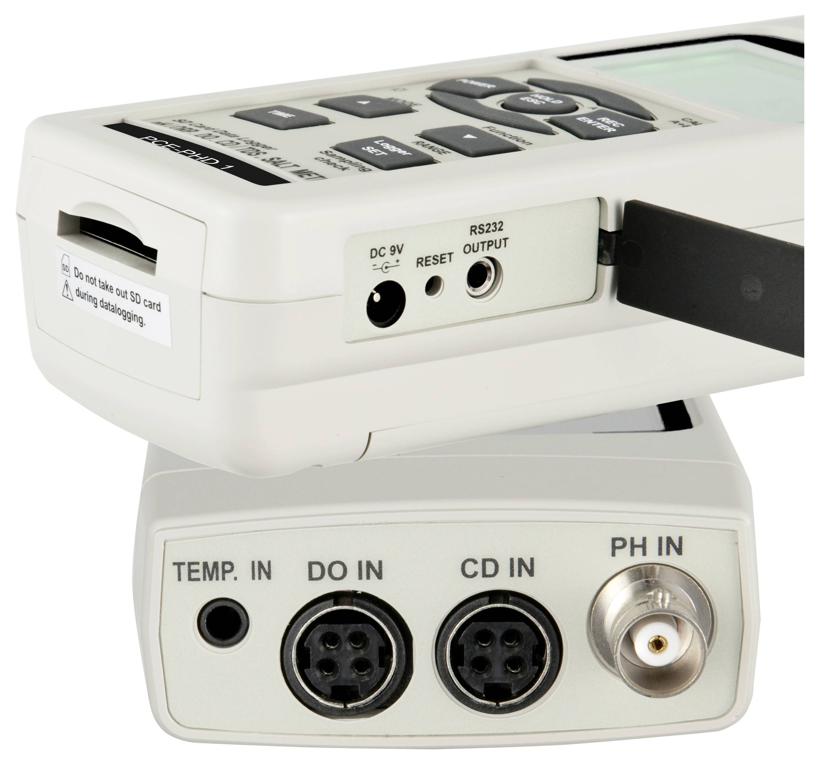 Detailní snímek přenosného diagnostického zařízení ukazující vstupní a výstupní porty označené TEMP. IN, DO IN, CD IN, PH IN, DC 9V, RESET a RS232 OUTPUT.