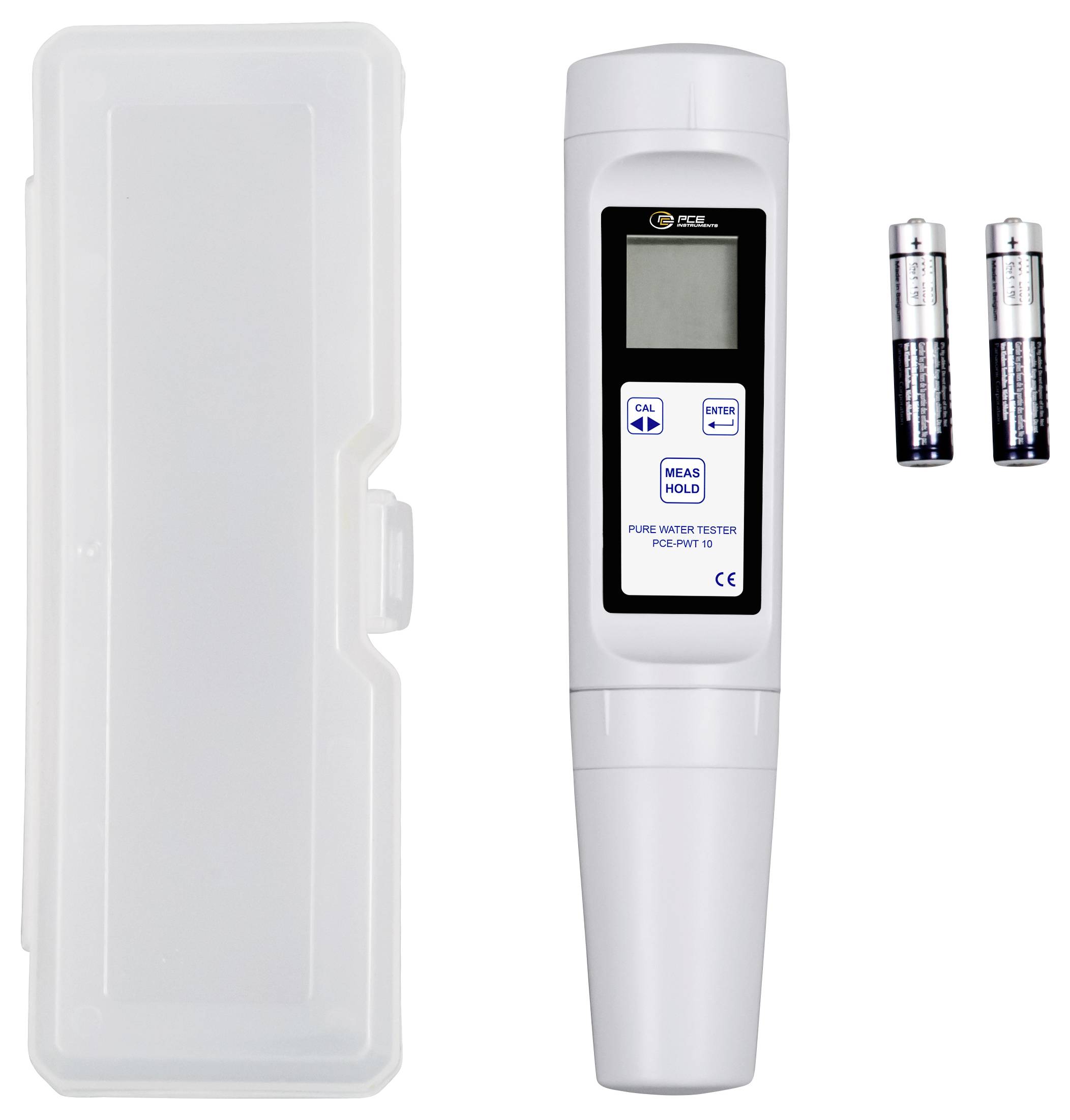 Přenosná sada pro testování vody s ruční digitálním měřičem, ochranným pouzdrem a dvěma bateriemi na bílém pozadí.