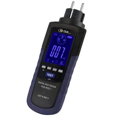 Přenosný digitální tester RCD se zapíchávacími kolíky, modrý podsvícený displej zobrazující 007 mA a tlačítko TEST.
