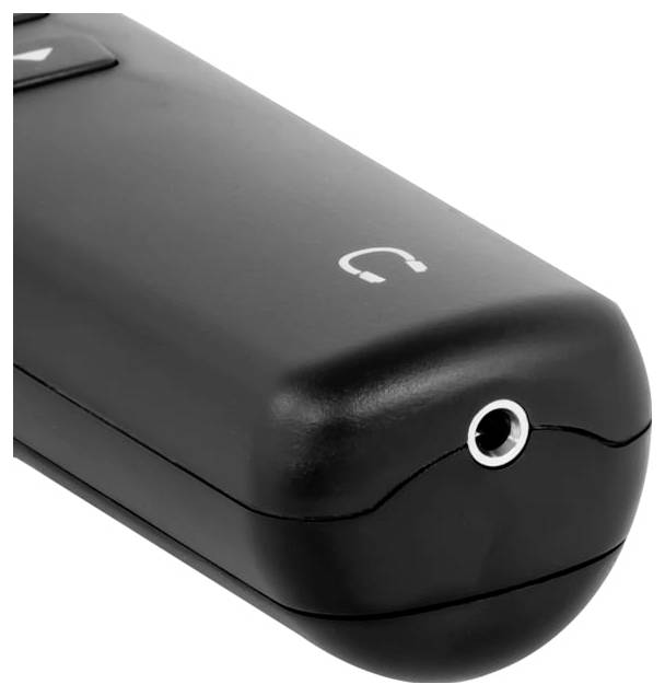 Detailní pohled na černé audio zařízení se sluchátkovým konektorem a ikonou sluchátek zobrazeným na bílém pozadí.