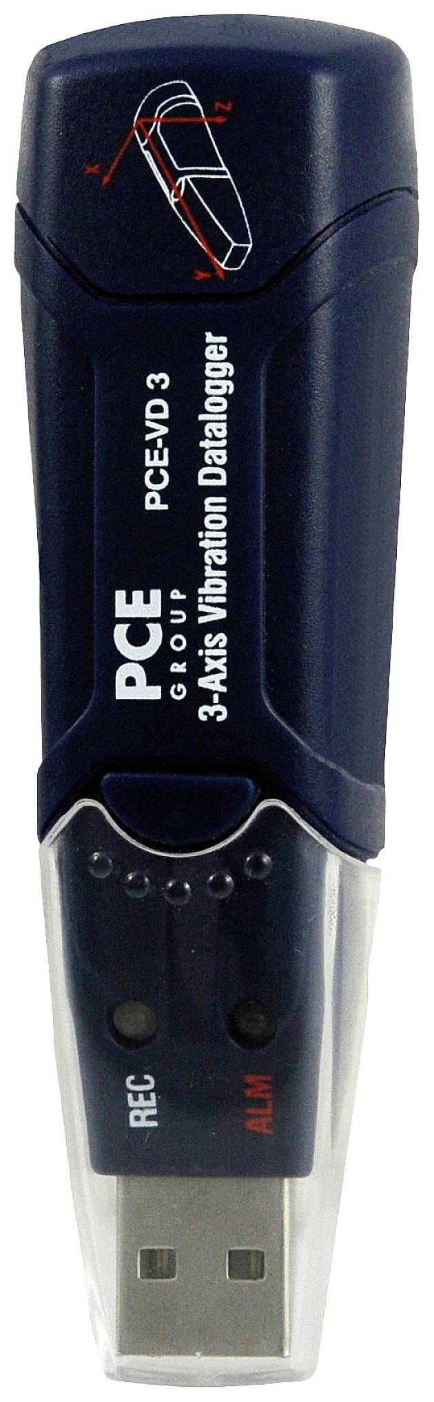 Tmavě modrý USB flash disk s nápisem 'PCE 3-Axis Vibration Data Logger', opatřený průhledným plastovým uzávěrem nahoře.