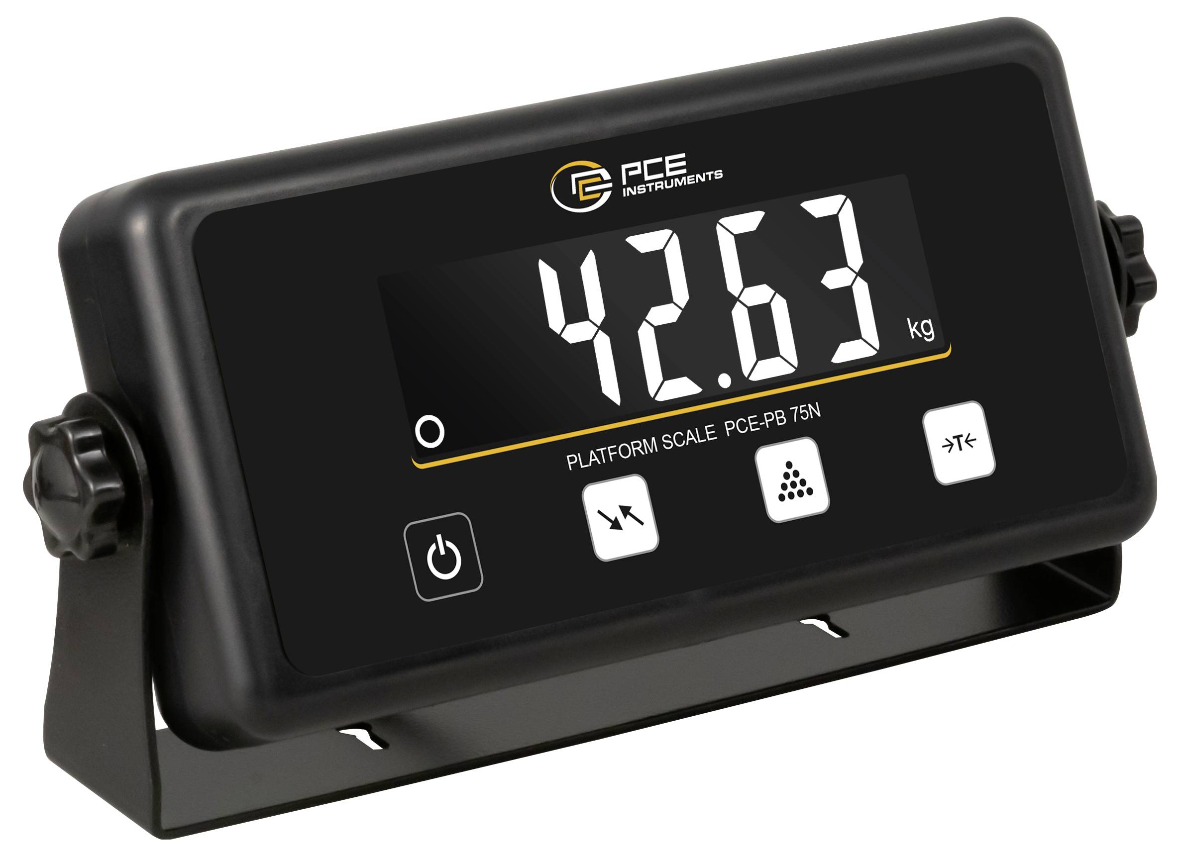 Digitální displejová váha platformy zobrazující 42,63 kg na zařízení PCE Instruments.