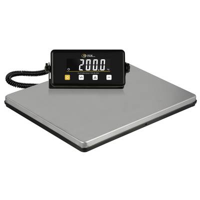 Digitální váha s platformou s odděleným displejem zobrazujícím 200,0 kg na šedé vážící platformě.