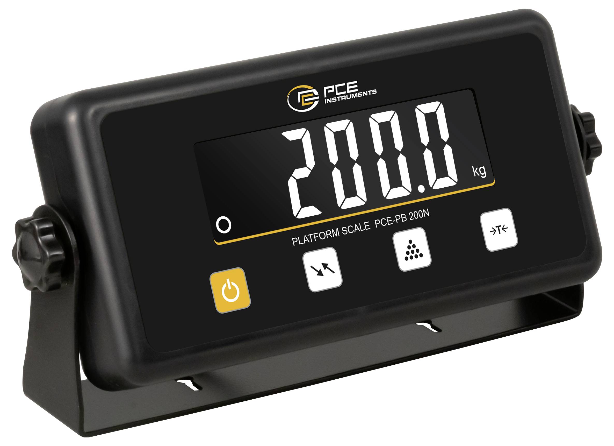 Digitální displej váhy platformy zobrazující 200,0 kg s branding PCE Instruments a ovládacími tlačítky na černém skloněném panelu.