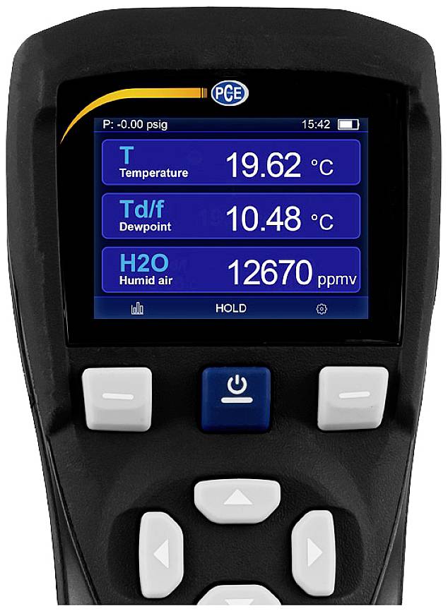 Přenosné měřicí zařízení s digitálním displejem zobrazující teplotu (19,62 °C), rosný bod (10,48 °C) a vlhkost vzduchu (12670 ppmv).