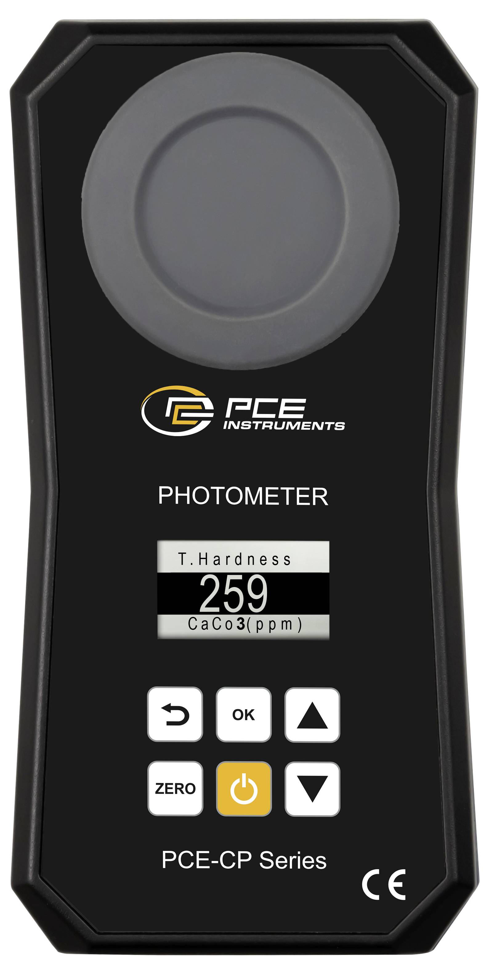 Přenosný fotometr PCE Instruments označený jako "T.Hardness" zobrazující hodnotu 259 CaCO3 (ppm), s tlačítky nula, OK a šipka.