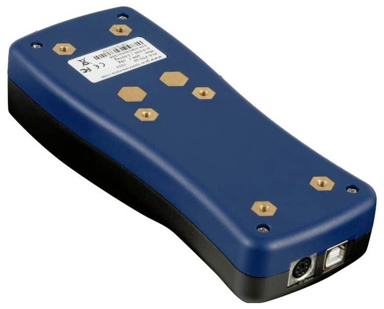 Modrý a černý obdélníkový elektronický přístroj se zlatými kontaktními body, štítkem na vrcholu a dvěma porty na jednom konci.