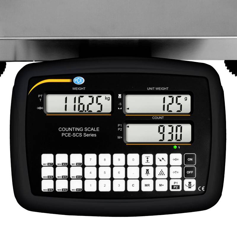 Digitální počítací váha ukazuje hmotnost 116,25 kg a počet kusů 930 při hmotnosti jednoho kusu 125 g.