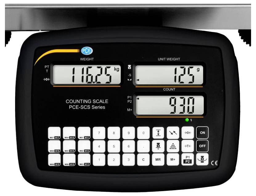 Digitální váha s počítáním ukazující hmotnost 116,25 kg, jednotková hmotnost 125 g a počet 930.