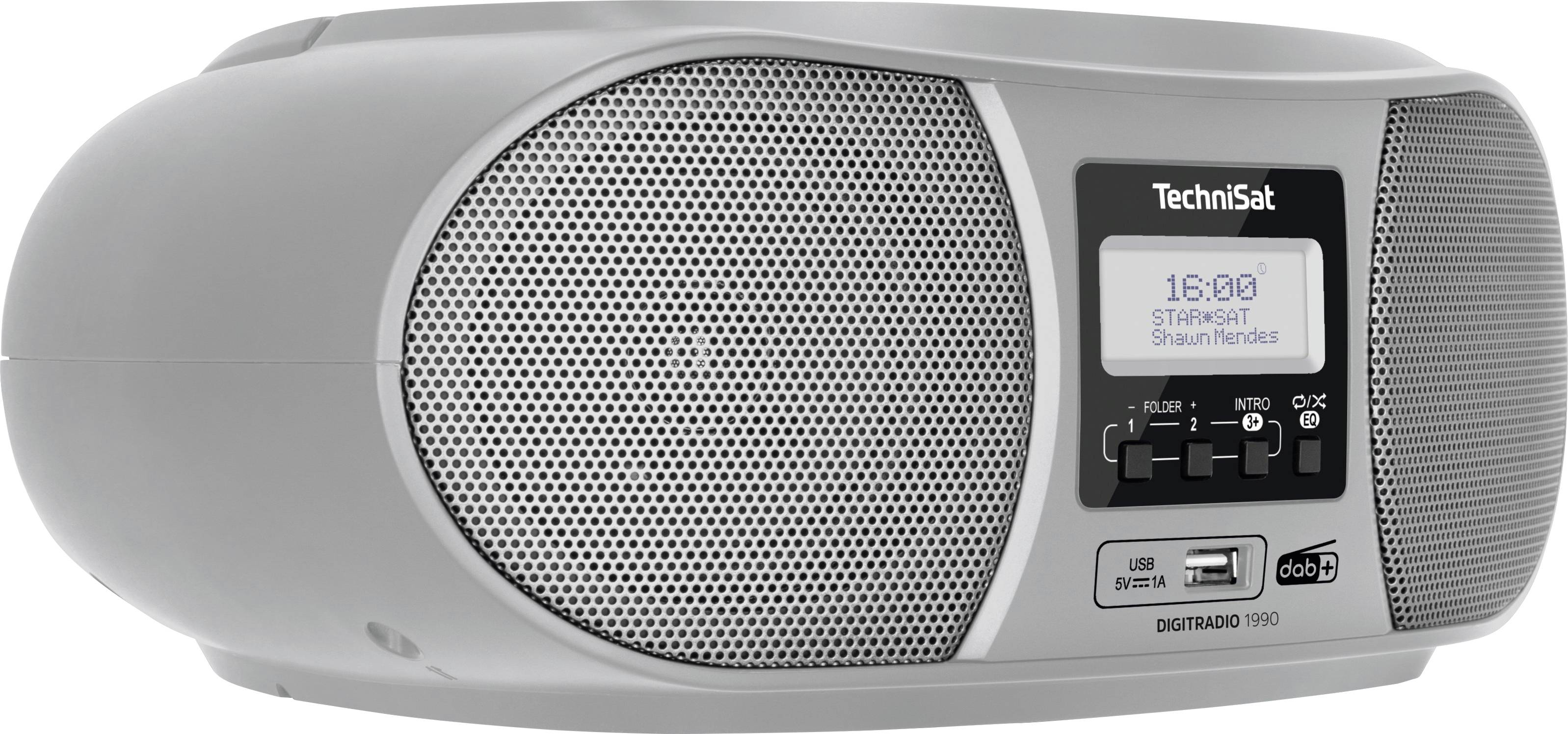 Šedé rádio s digitálním displejem zobrazuje '16:00' a 'STRAUSS Shakespe-re' na obrazovce. Značka 'TechniSat'.