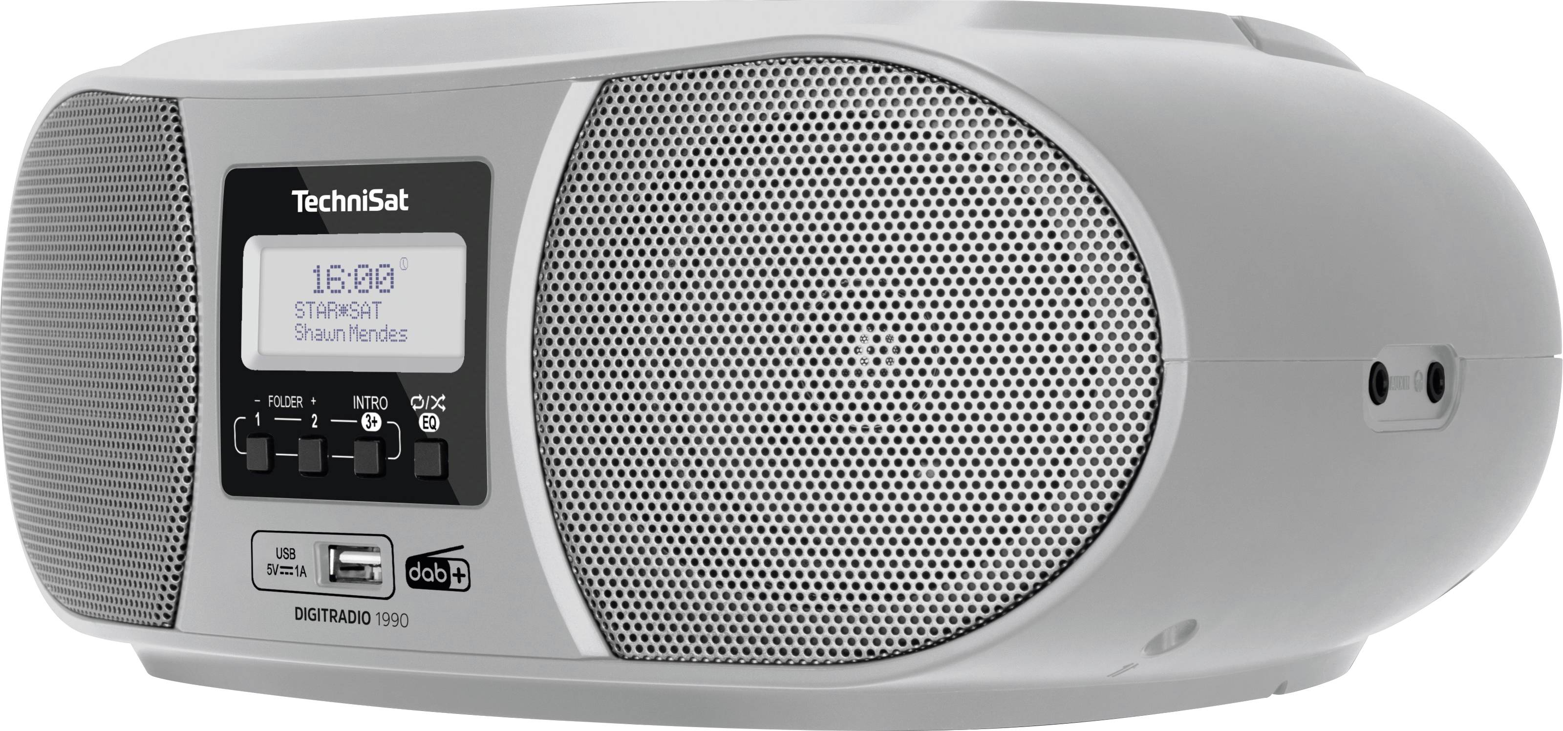 Šedé přenosné rádio s digitálním displejem, reproduktory a různými vstupy. Digitální zobrazení času a stanice.