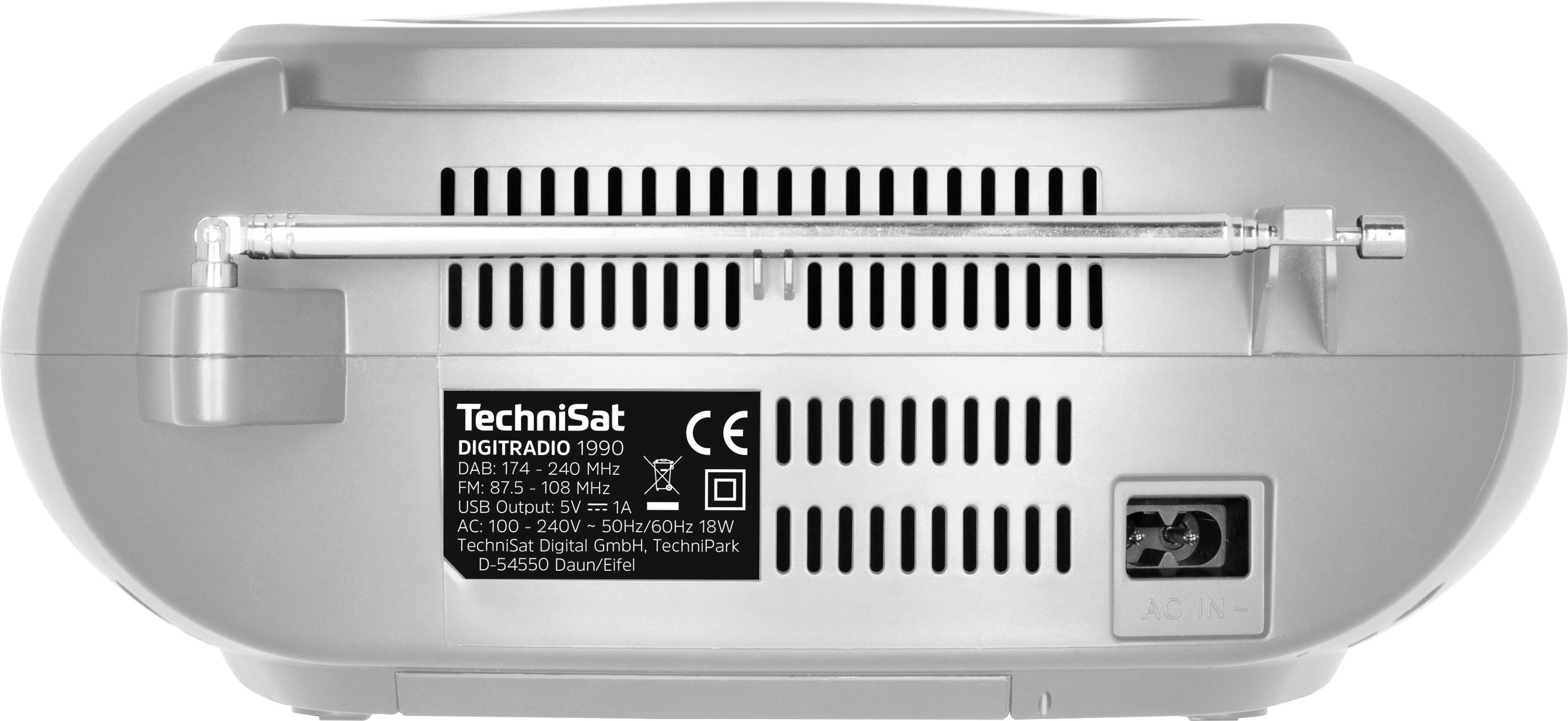 Zadní strana digitálního rádia Technisat DigitRadio 1990 s přípojkami a větracími otvory. Obsahuje technické detaily a připojení napájecího zdroje.