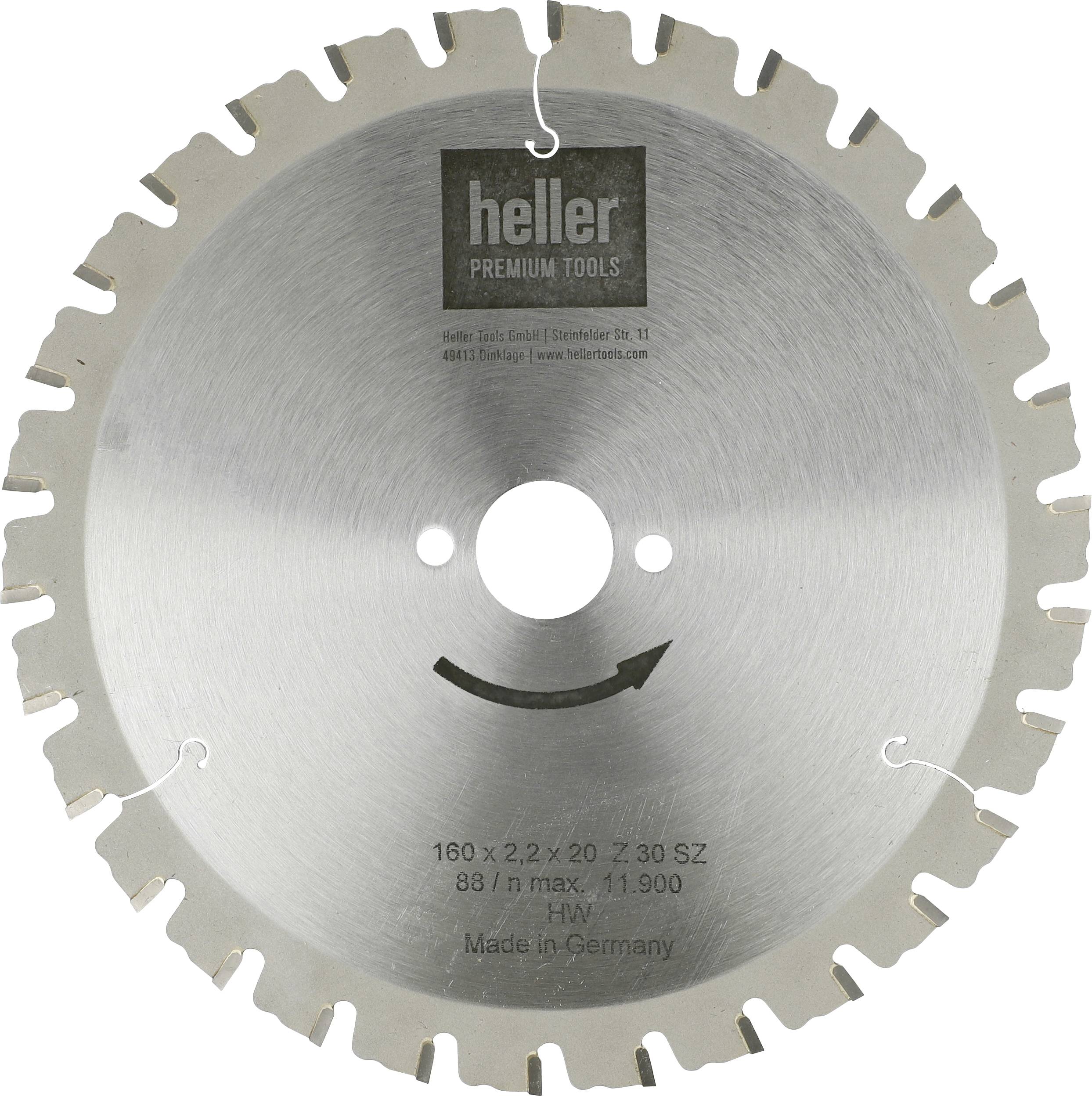 Stříbrný kruhový pilový kotouč značky "heller Premium Tools" s označením "Made in Germany" a centrálním otvorem pro upevnění.