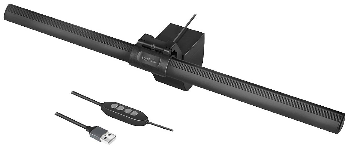 Černý světelný panel obrazovky s integrovaným klipem a USB portem. Vedle něj leží kabel s dálkovým ovládáním.