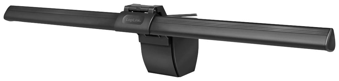 Černá monitorová lampa s dlouhým, úzkým designem a stabilní svorkou pro upevnění na monitory.