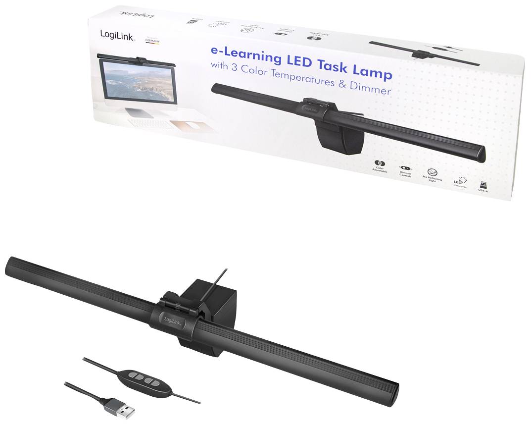 Stolní lampa od LogiLink, 'e-Learning LED stolní lampa' s nastavitelnými barevnými teplotami; vhodná pro osvětlení obrazovky. Obsahuje dálkové ovládání a USB port.