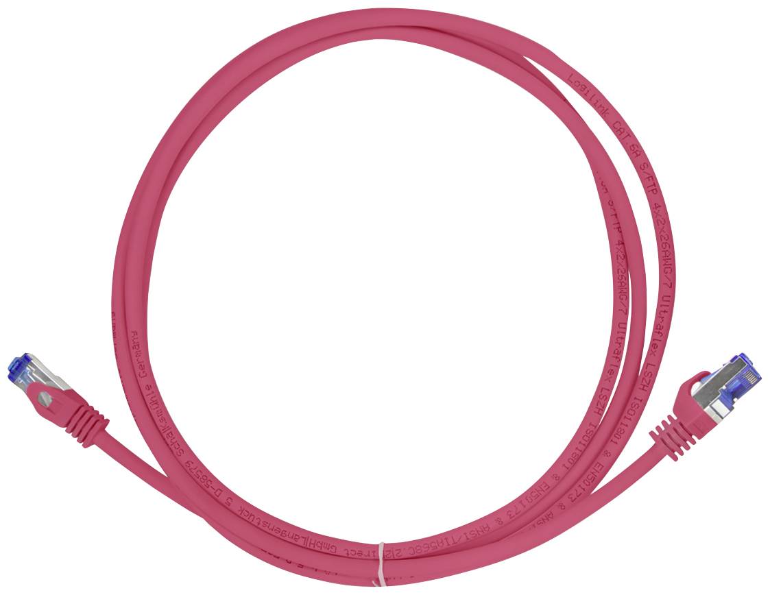 Červený ethernetový kabel vybavený konektory RJ-45 na obou koncích.