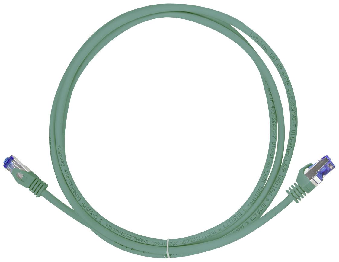 Zelený ethernetový kabel s RJ45 konektory na obou koncích, svinutý a viditelný na světlém pozadí.