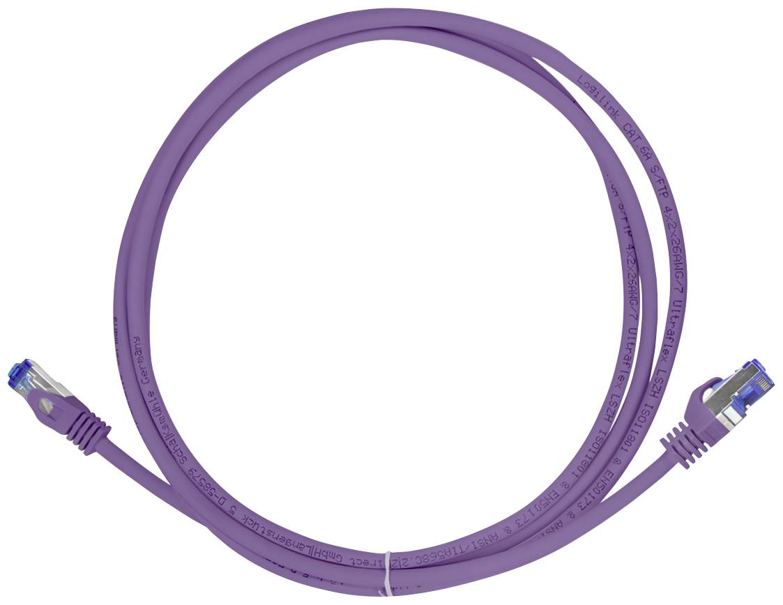 Fialový ethernetový kabel se zástrčkami na obou koncích.