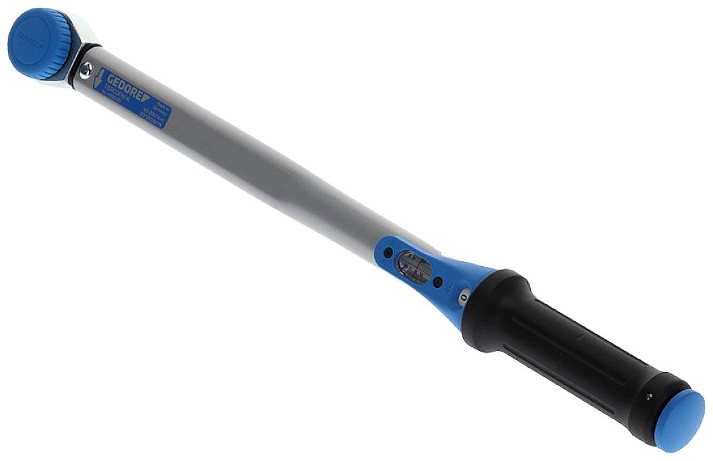 Momentový klíč s modrým držadlem a stupnicí, používaný pro přesné dotahování šroubů, důležitý pro mechanické práce.