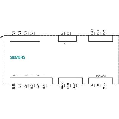 Schéma zapojení zařízení Siemens s připojeními: V1, V2, V3, VN, L, N, DI1, DI2, IL1-IL3, K, DIC, DOC, DO1, DO2, RS 485.