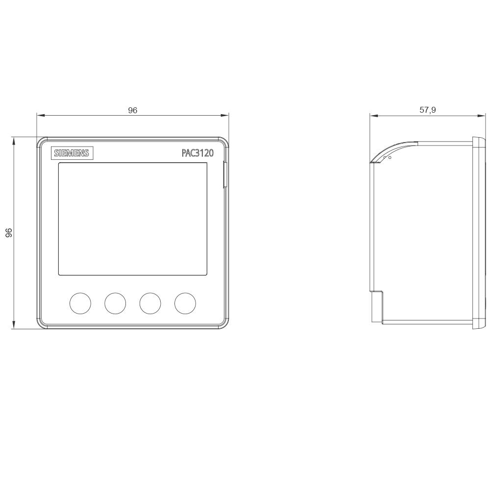 Technický výkres měřicího přístroje Siemens PAC3120, pohled zepředu a z boku. Rozměry: 96mm šířka, 96mm výška, 57,9mm hloubka.