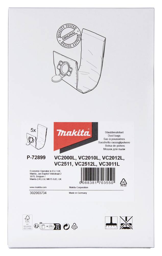 Sáček na prach pro vysavače Makita modelů VC2000L, VC2010L, VC2012L, VC2511L, VC2512L, VC3011L. Obsahuje 5 sáčků.